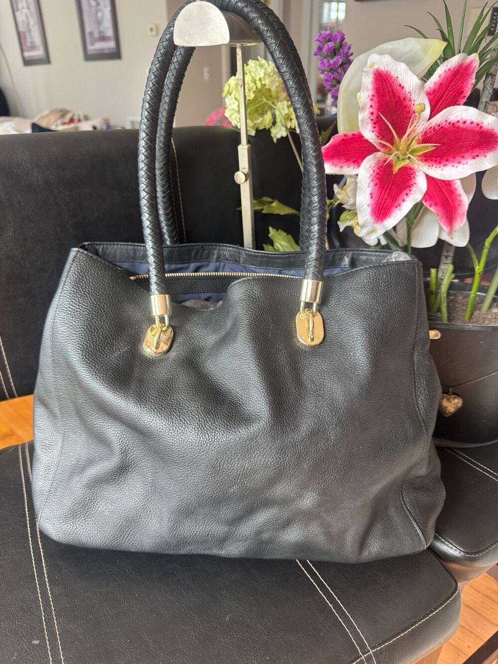 Cole Haan Benson Large Leather Tote Grey Braided Strap Gold Accents (800